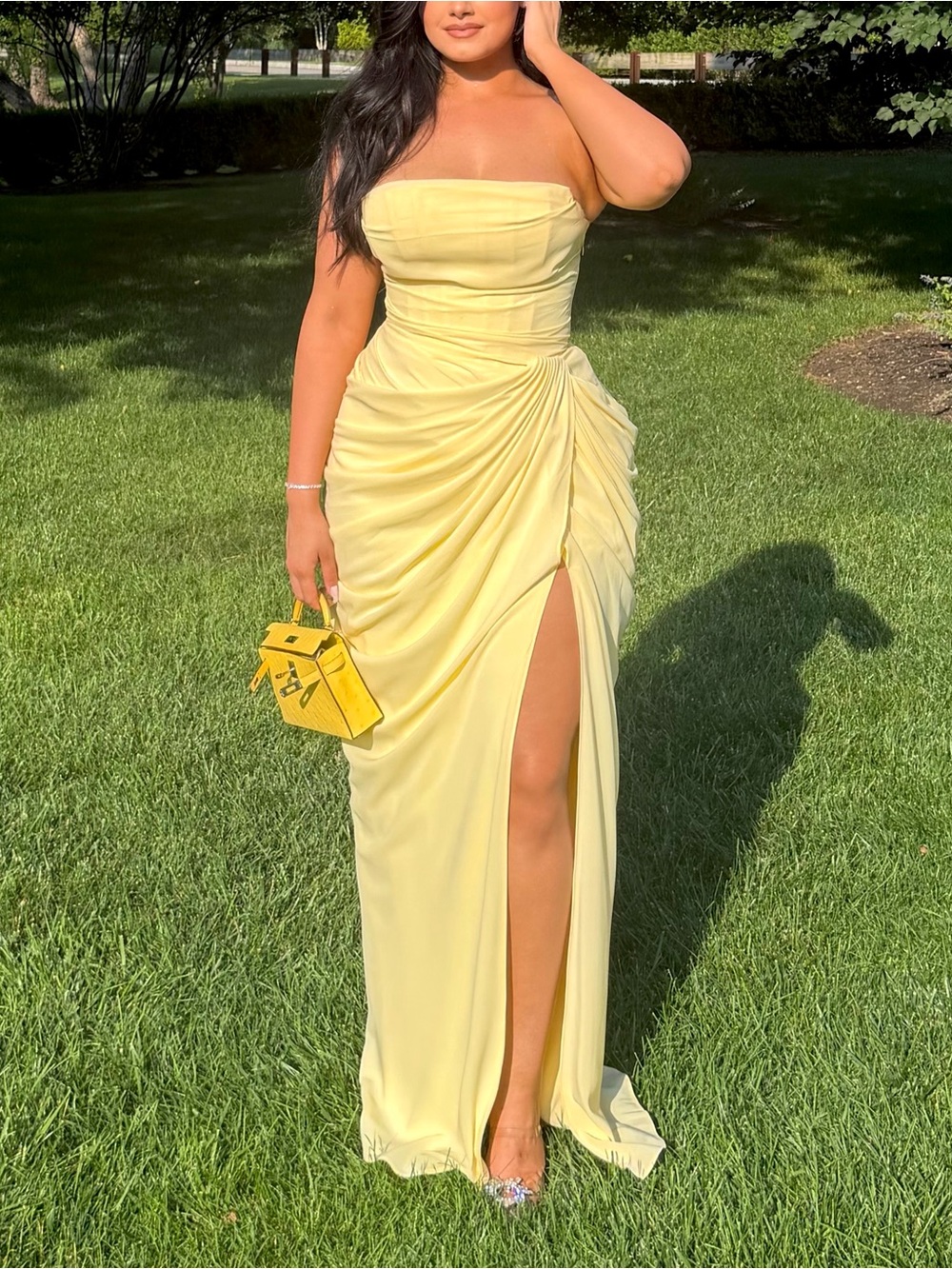 Strapless Yellow Ruched Side-Slit Evening Dress